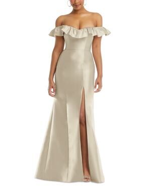 Alfred Sung Gold Evening Gown Satin Off the Shoulder Long Mermaid Dress Size 8